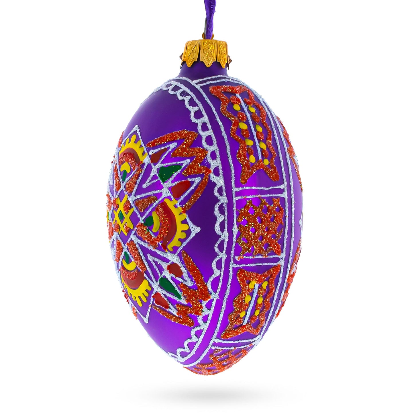 Purple Geometric Ukrainian Egg Glass Christmas Ornament 4 Inches