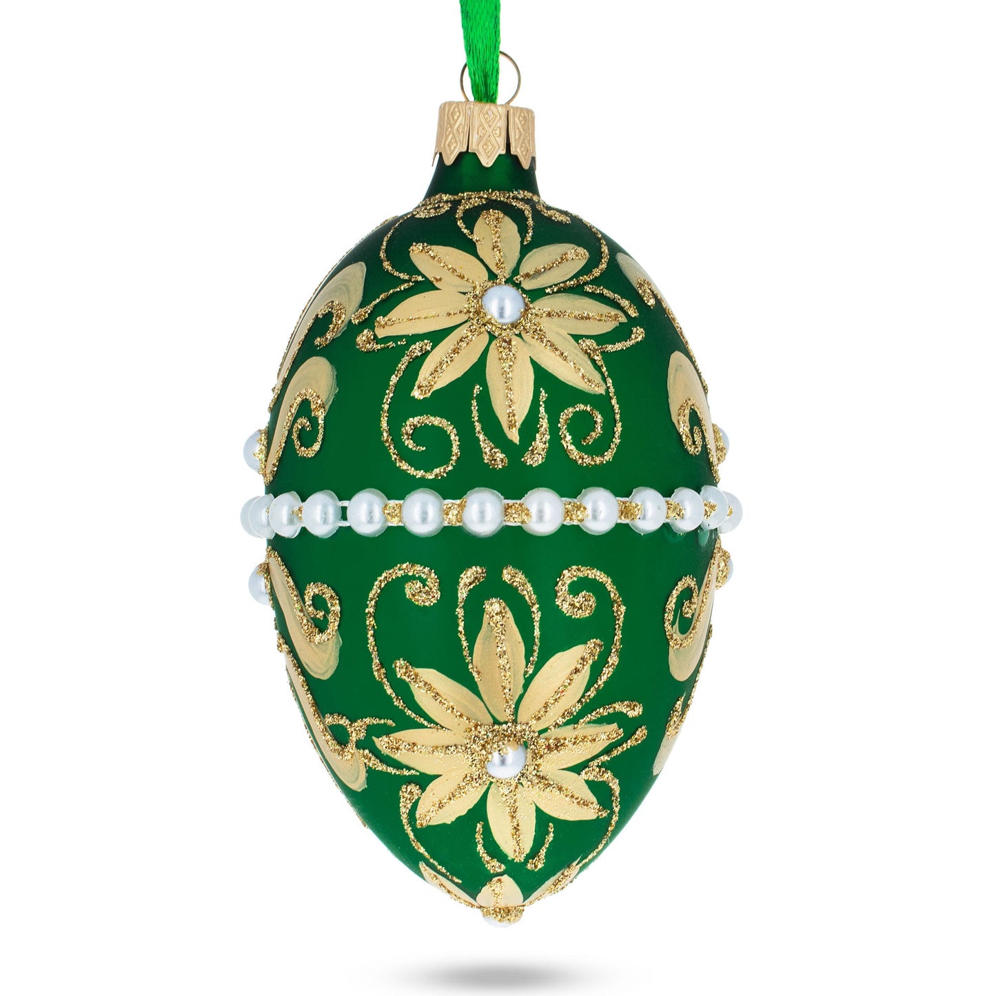 Beaded Center & Golden Flowers On Green Glass Egg Ornament 4 Inches