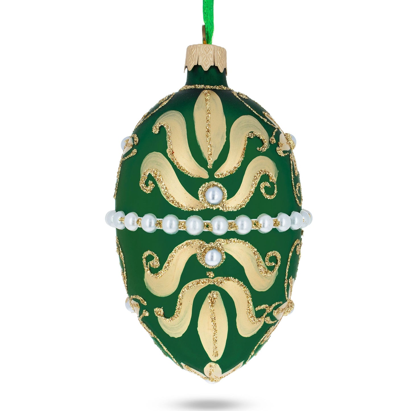 Beaded Center & Golden Flowers On Green Glass Egg Ornament 4 Inches