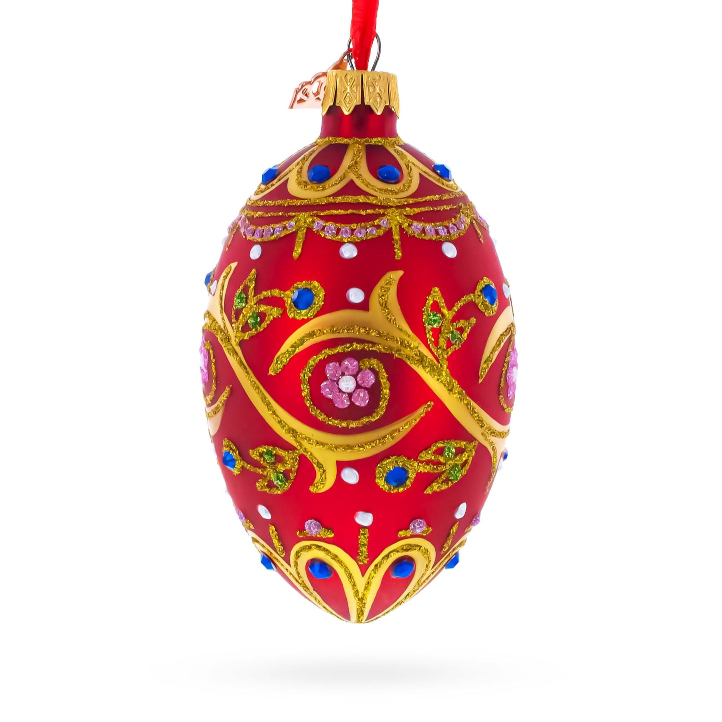 Blue Jewels On Red Glass Egg Ornament 4 Inches