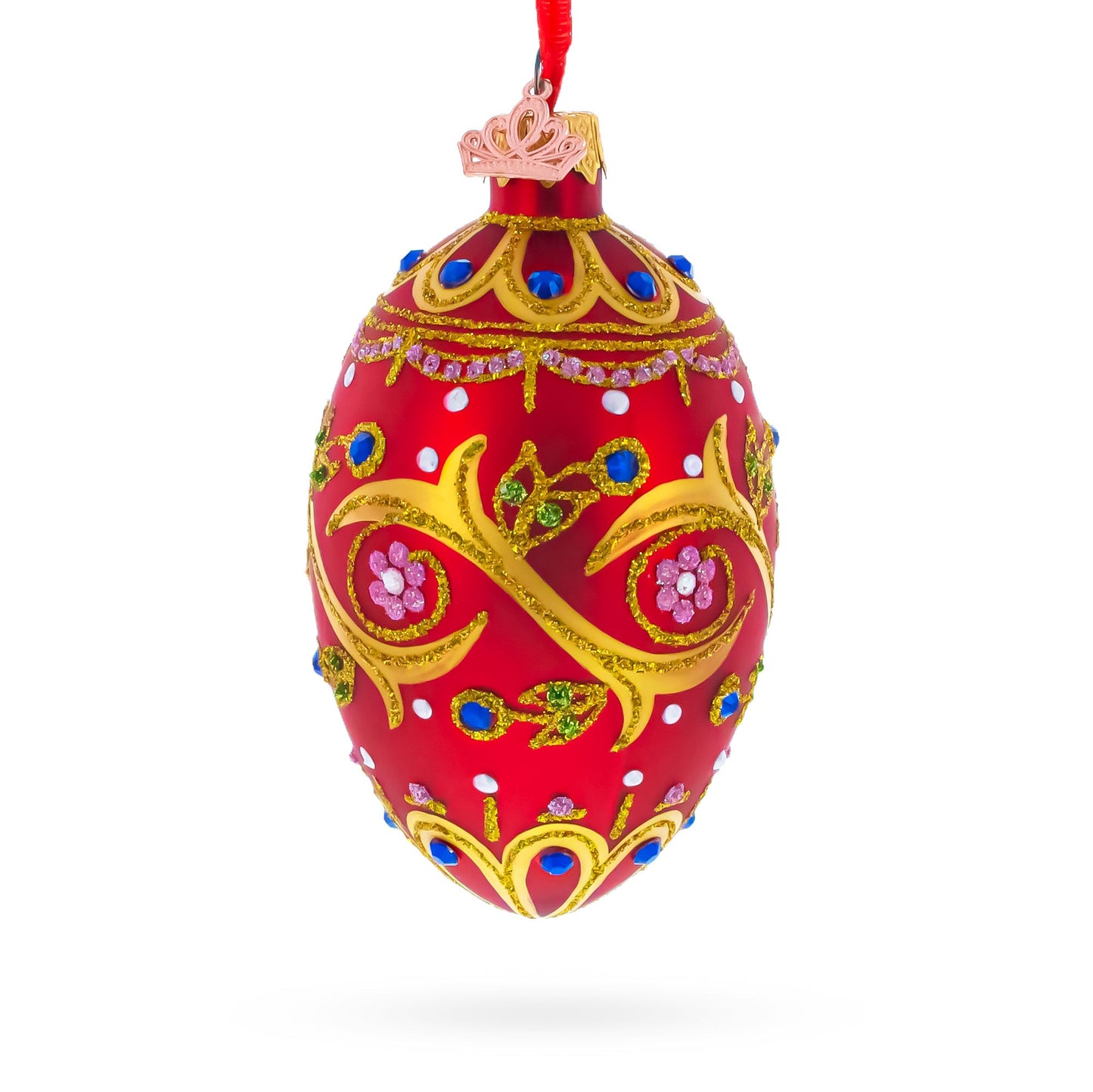 Blue Jewels On Red Glass Egg Ornament 4 Inches