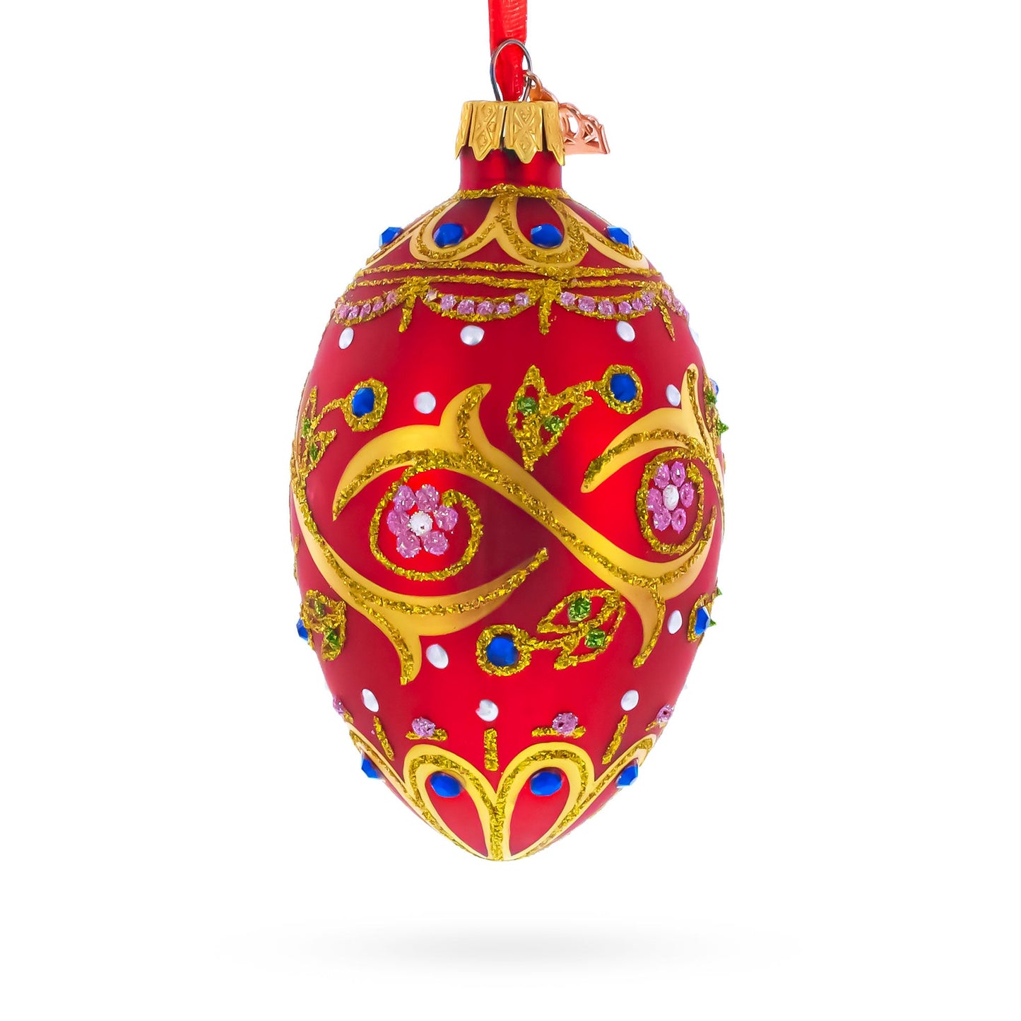 Blue Jewels On Red Glass Egg Ornament 4 Inches