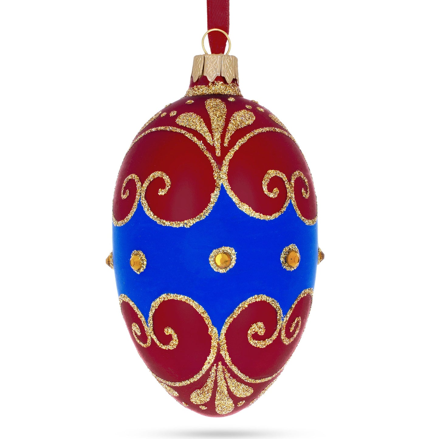 Red and Blue Jeweled Egg Glass Ornament 4 Inches