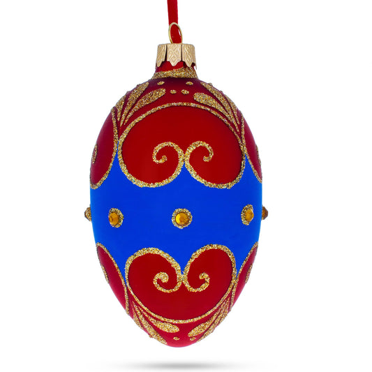 Red and Blue Jeweled Egg Glass Ornament 4 Inches