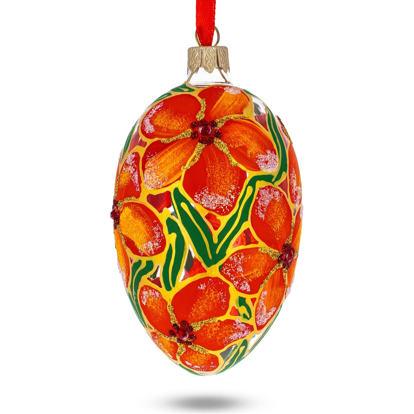 Red Flowers Bouquet Glass Egg Ornament 4 Inches