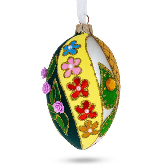 Roses On Spiral Leaves Glass Egg Ornament 4 Inches