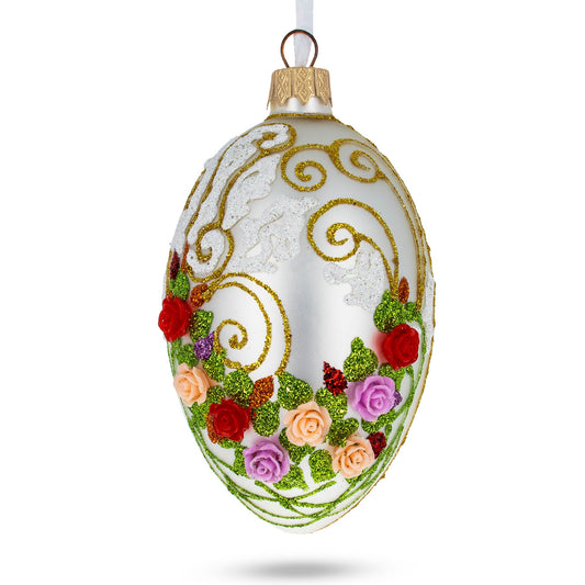 3D Flowers on White Glass Egg Ornament 4 Inches