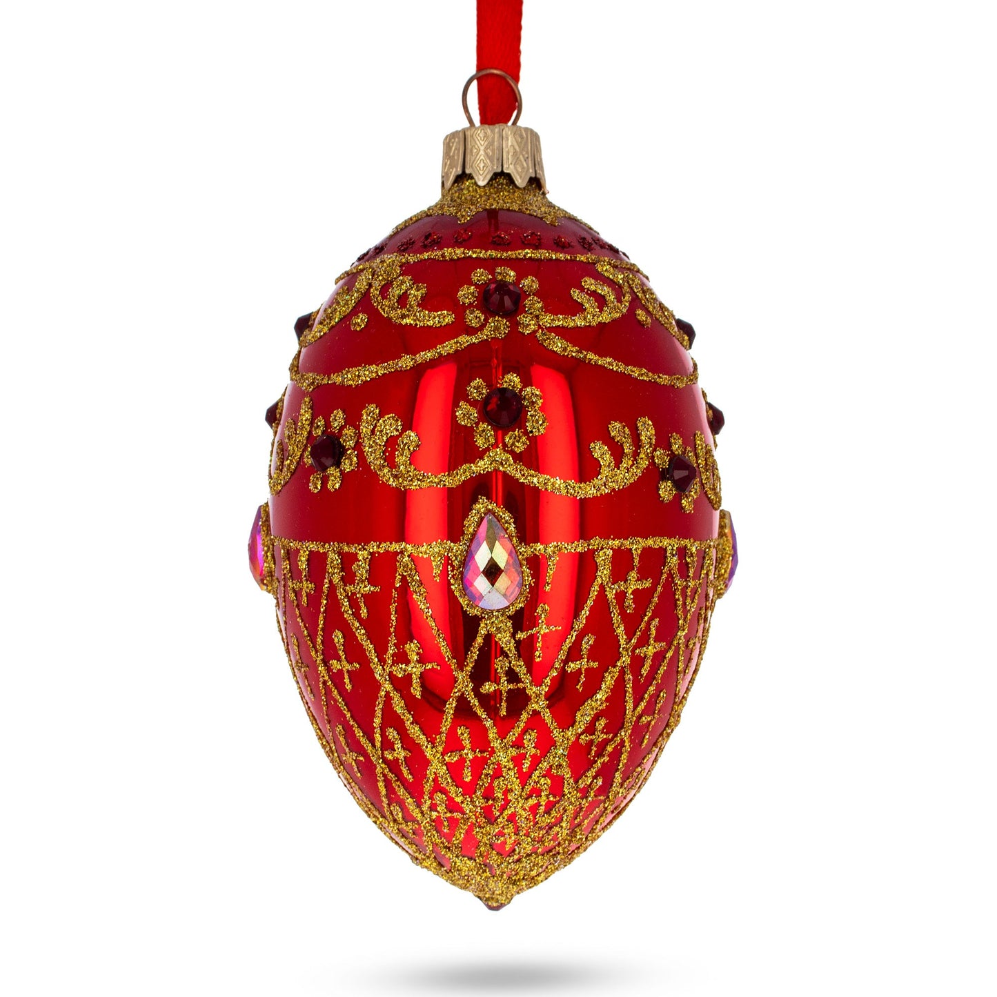 Red Jewels on Glossy Red Glass Egg Ornament 4 Inches