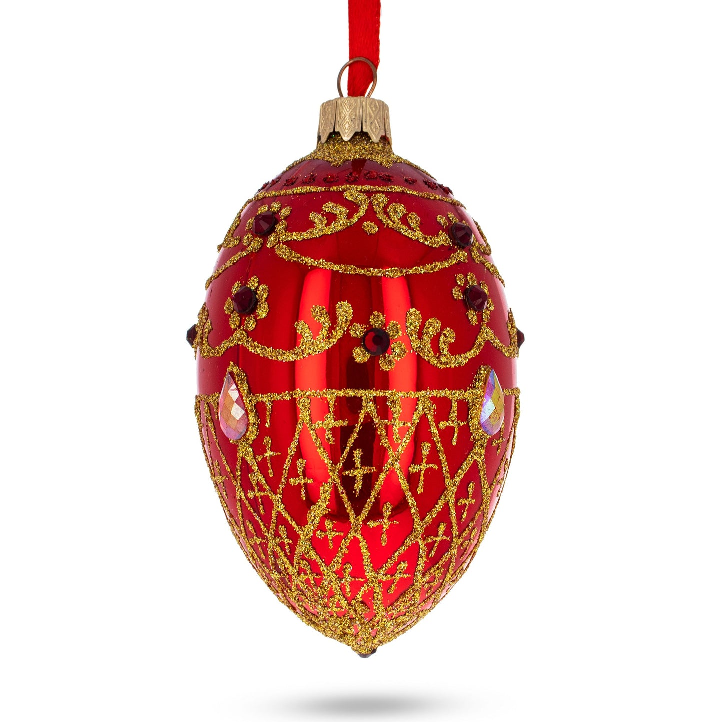 Red Jewels on Glossy Red Glass Egg Ornament 4 Inches