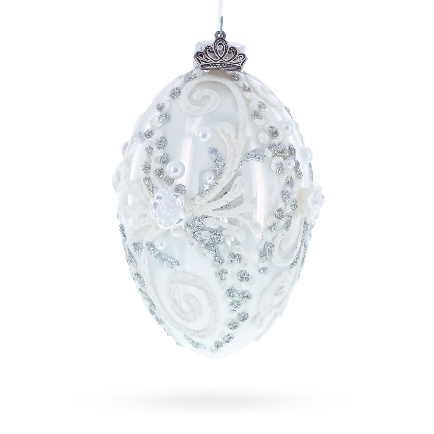 3D Flowers on Glossy White Glass Egg Ornament 4 Inches