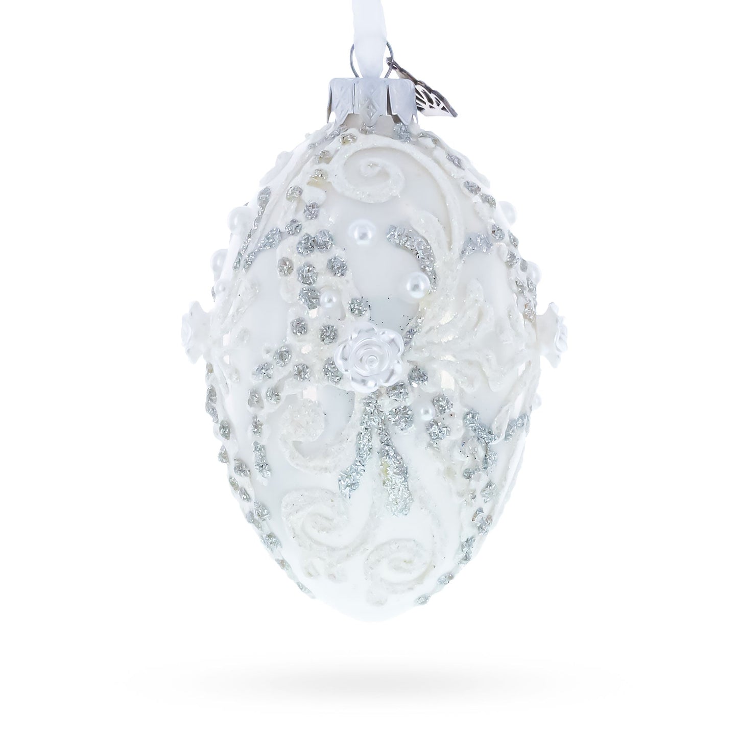 3D Flowers on Glossy White Glass Egg Ornament 4 Inches