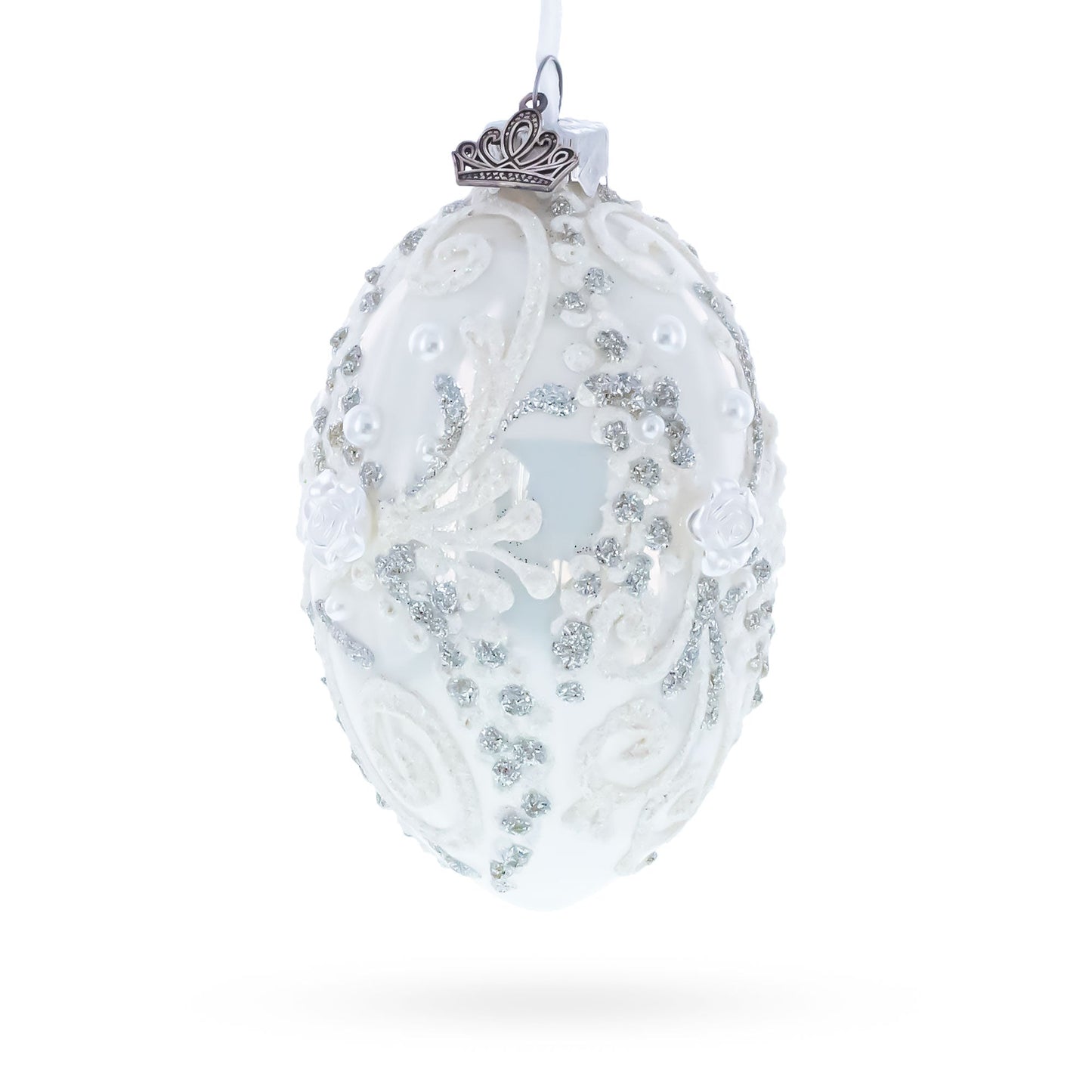 3D Flowers on Glossy White Glass Egg Ornament 4 Inches