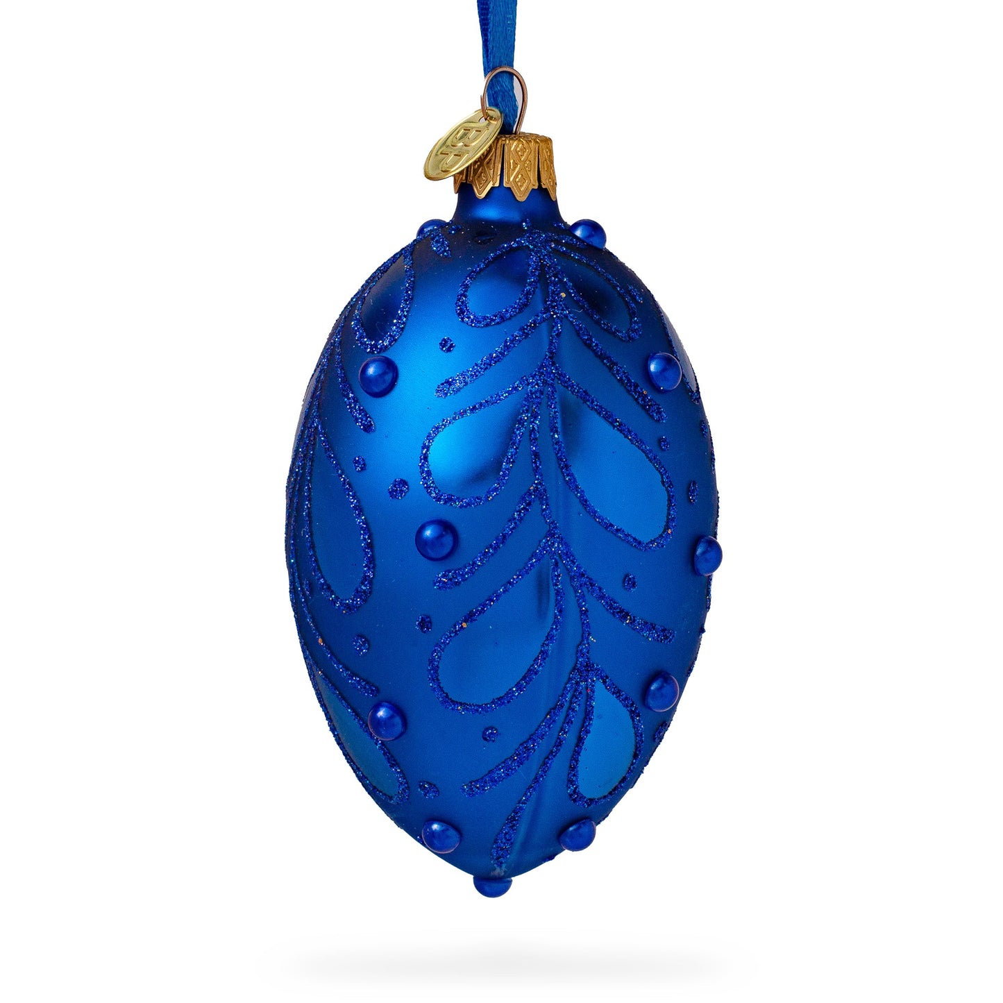 Bejeweled Scroll on Blue Glass Egg Christmas Ornament 4 Inches