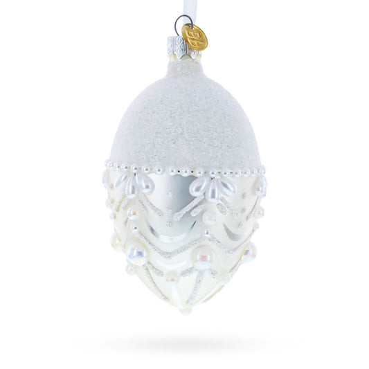 White Pearls on Frozen Glass Egg Christmas Ornament 4 Inches