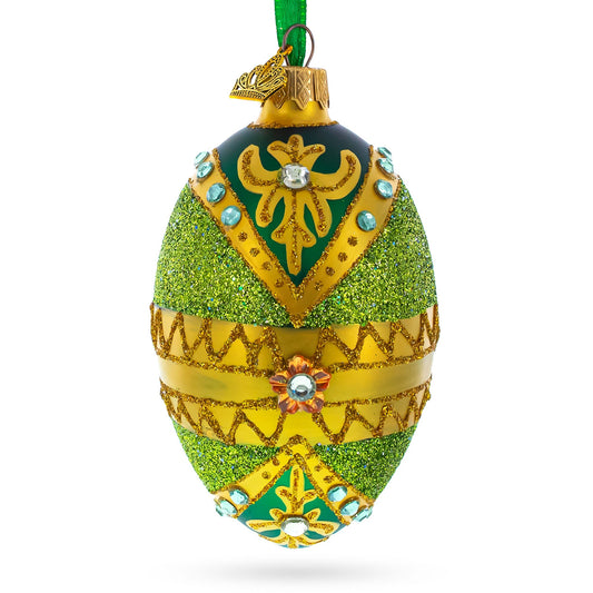 White Jewels on Glittered Green Glass Egg Ornament 4 Inches