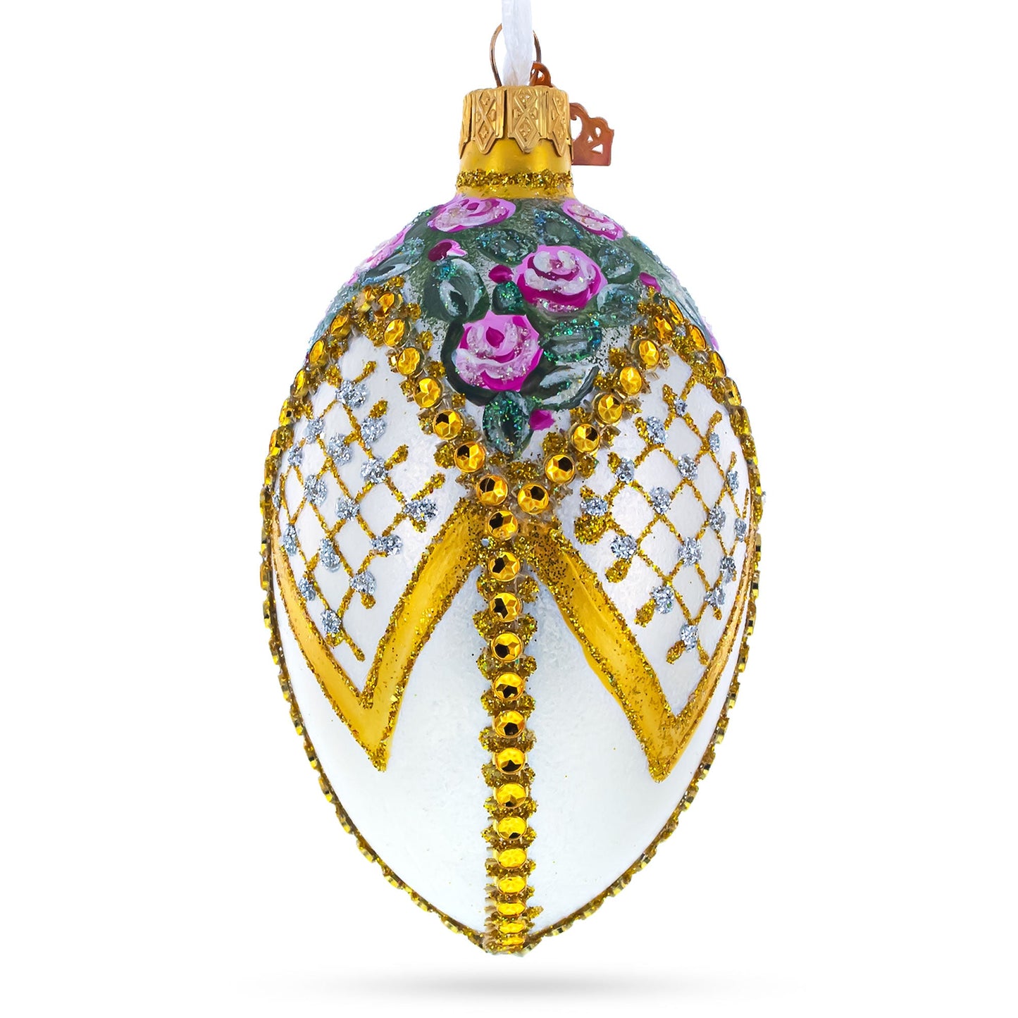 Roses on Bejeweled Rhombus Glass Egg Ornament 4 Inches