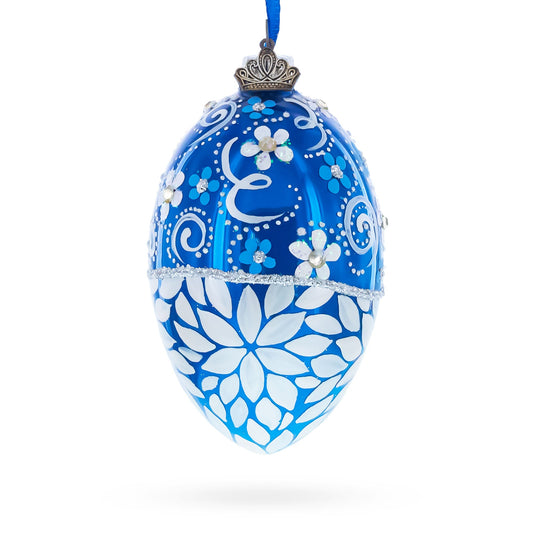 White Pearled Flowers on Glossy Blue Glass Egg Ornament 4 Inches