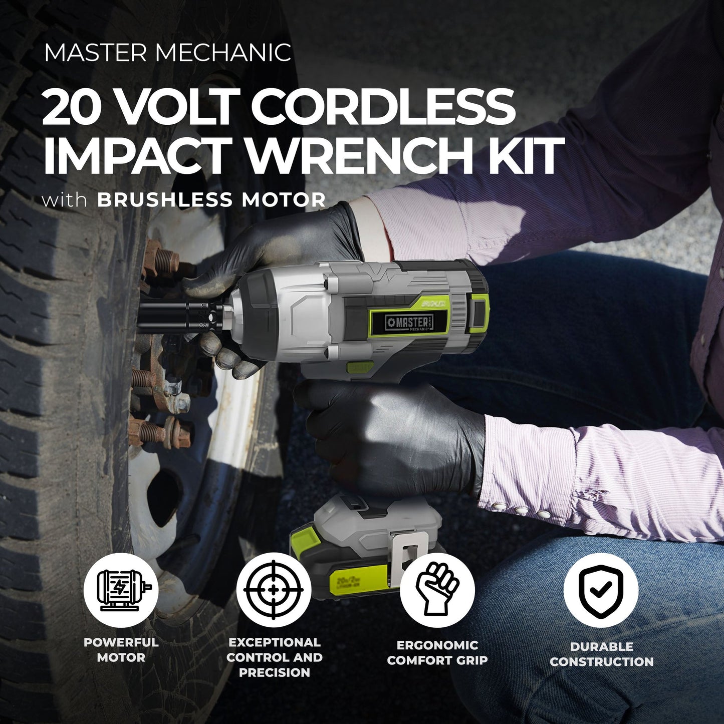 Master Mechanic 20 Volt Cordless Impact Wrench Kit with Brushless Motor, Grey