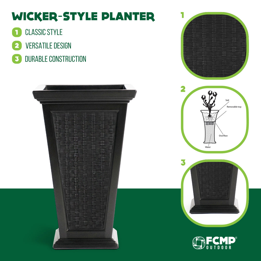 FCMP Outdoor Wicker Pattern Resin 24" Self-Watering Pedestal Taper Planter, 2 Pk