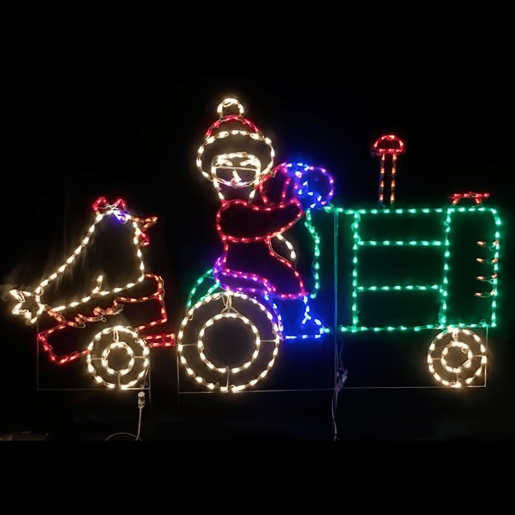 Mrs Claus Driving a Tractor Pulling a Chicken Cart