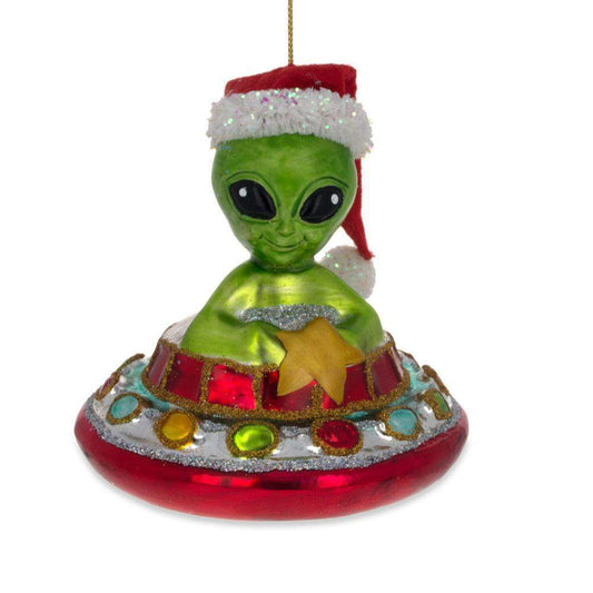 Santa Alien Piloting a Saucer UFO Glass Christmas Ornament