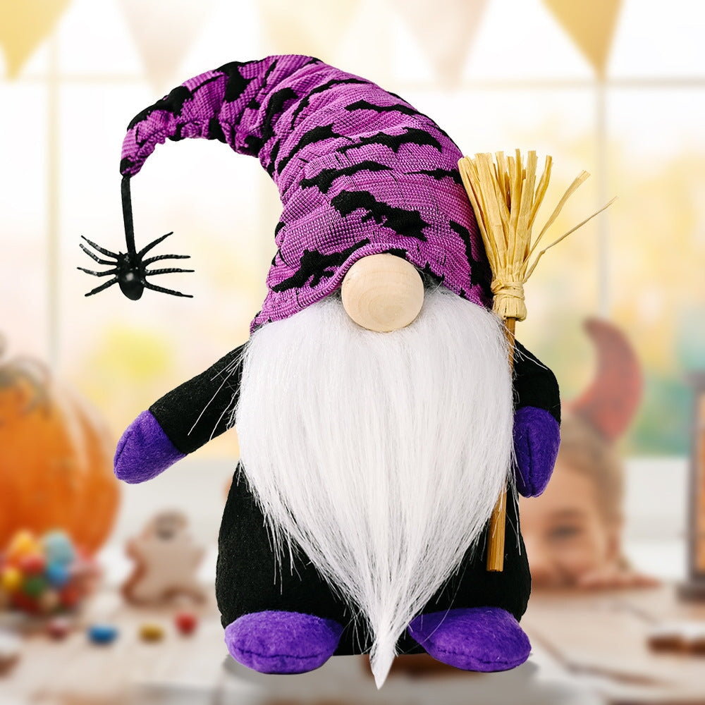 Halloween Gnome Set with Bat and Spider Accents, Orange and Purple Individual Gnomes Holding Broom