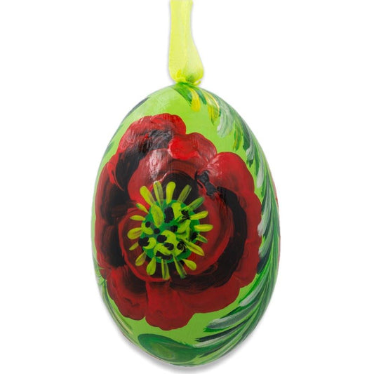 Red Flowers on Green Wooden Egg Easter Ornament 3 Inches