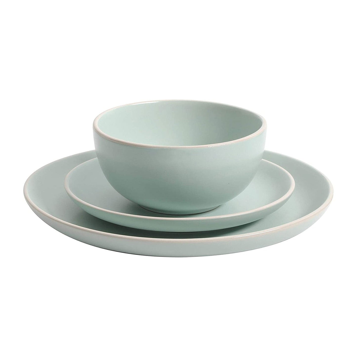 Gibson Rockaway 12 Piece Stoneware Dinnerware Set, Plates & Bowls, Matte Teal