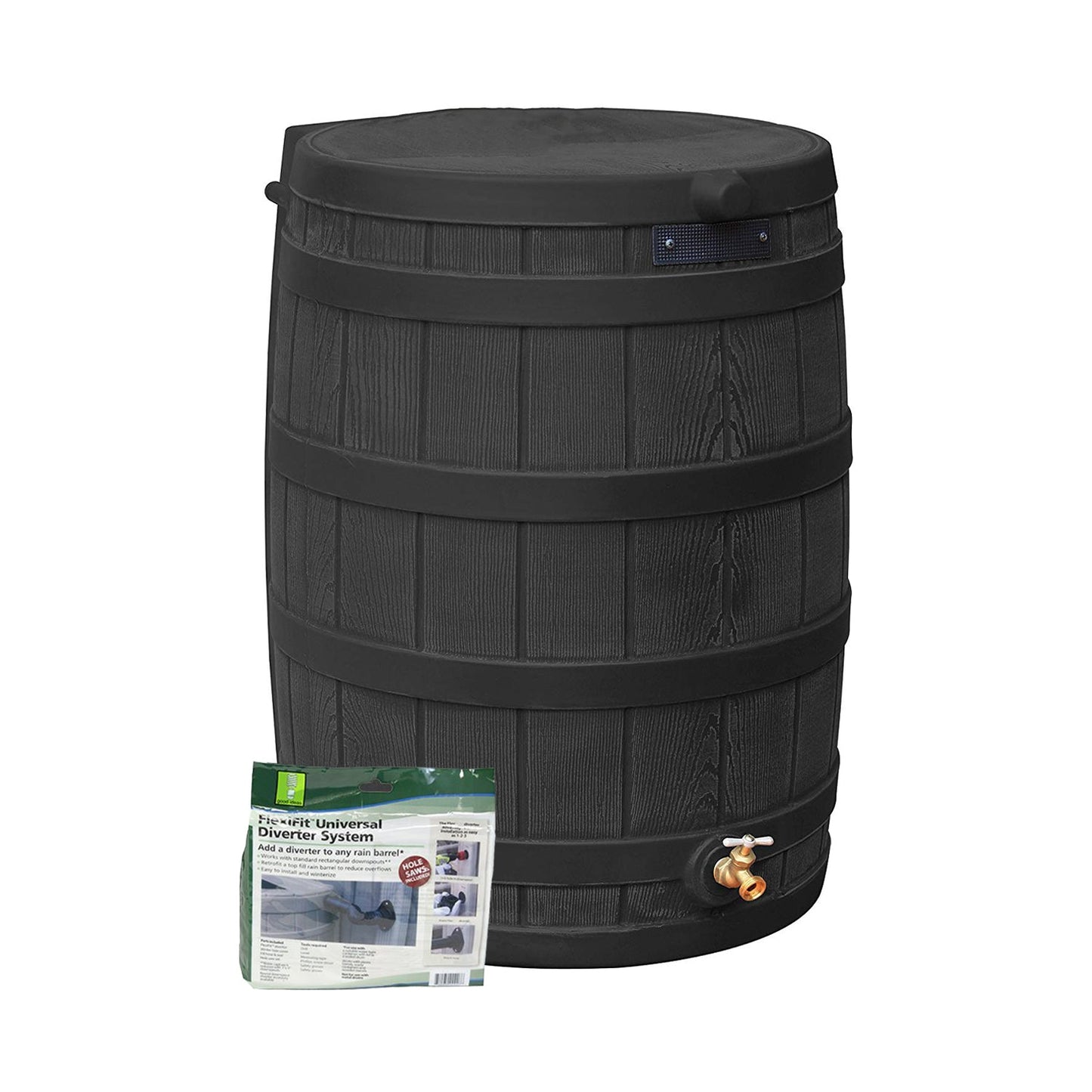 Good Ideas Rain Wizard Rain Collection Barrel 50-Gallon w/ Diverter Kit, Black