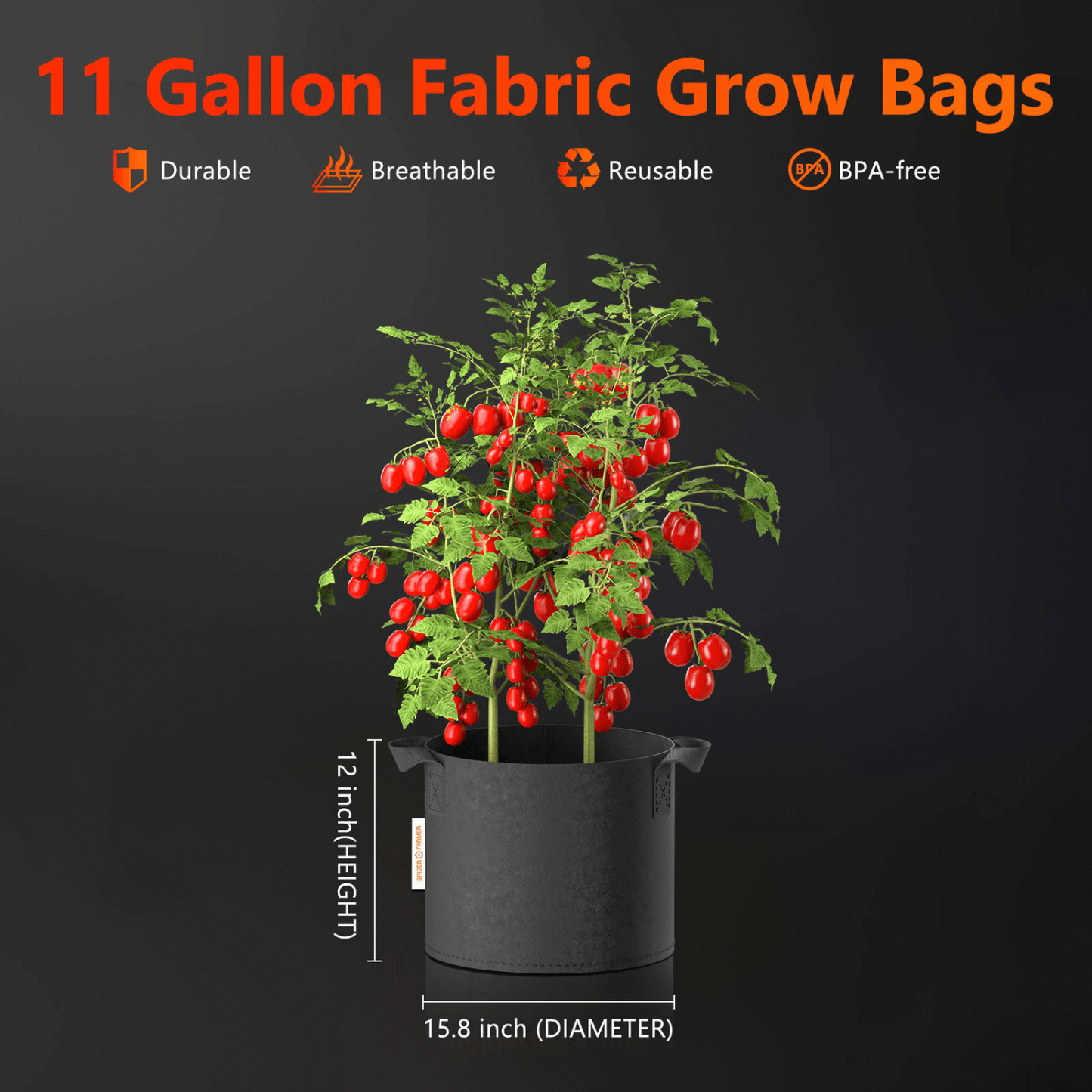 Spider Farmer 11 Gallon 300G Thickened Nonwover Fabric Grow Bag with Handles - 5-Pack