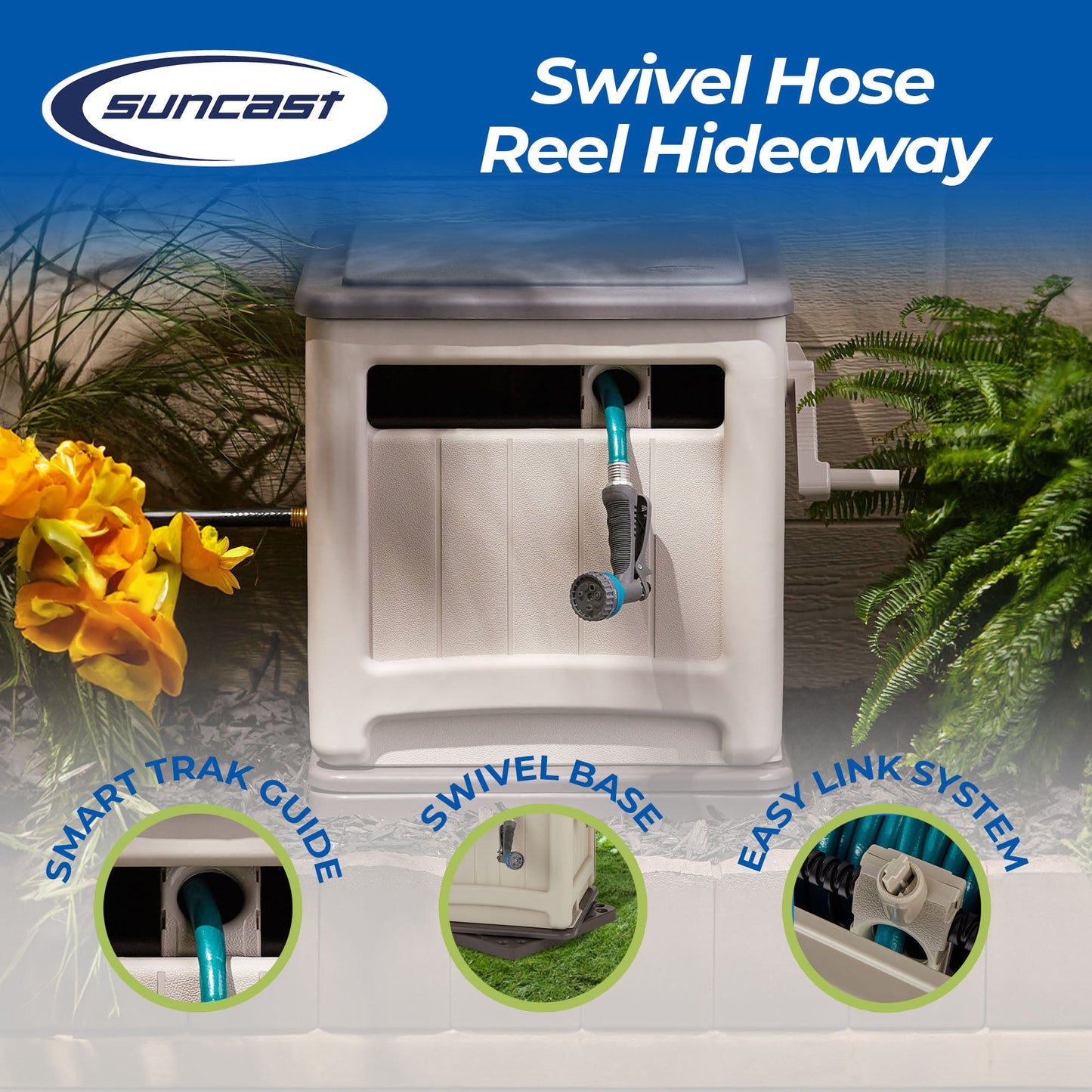 Suncast Swivel Smart Trak Hose Hideaway 225 Foot Hose Reel Storage Bin, Taupe