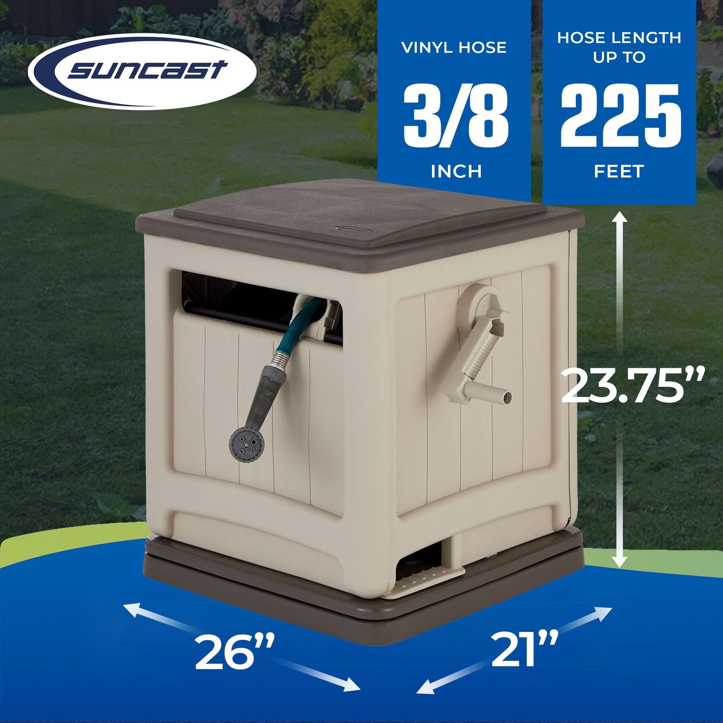 Suncast Swivel Smart Trak Hose Hideaway 225 Foot Hose Reel Storage Bin, Taupe