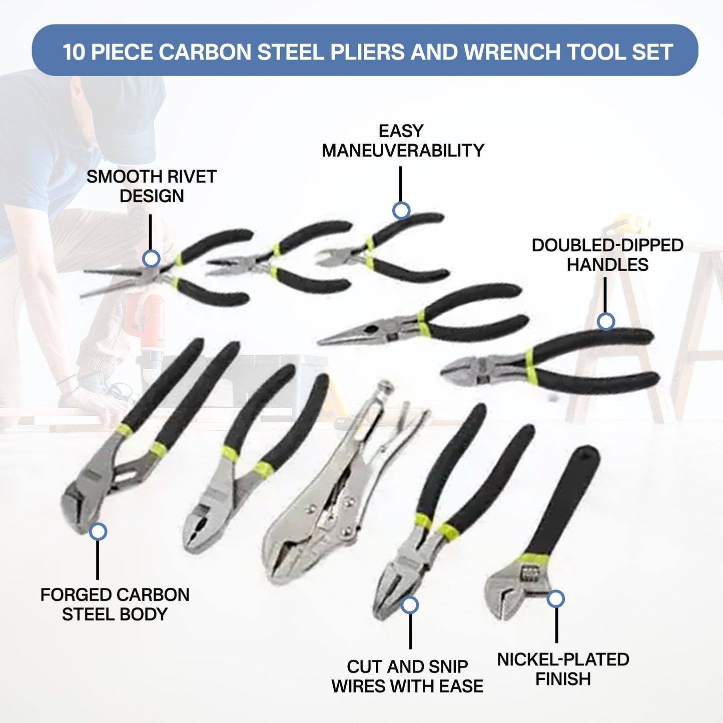 Master Mechanic 10 Piece Carbon Steel Pliers and Wrench Tool Set, JK2019002