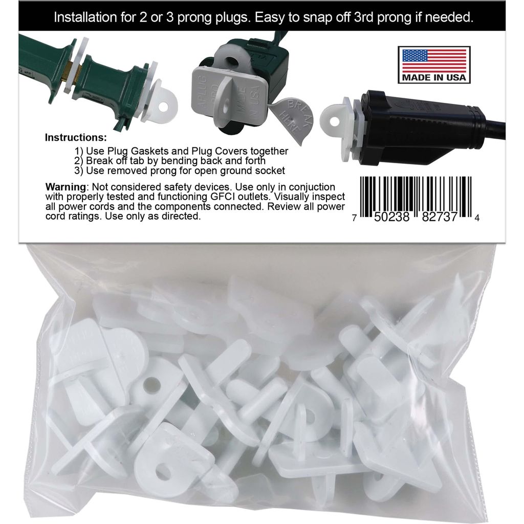 Weatherproof Electrical Plug Extension Cord Gaskets and White Covers, 10 Pack