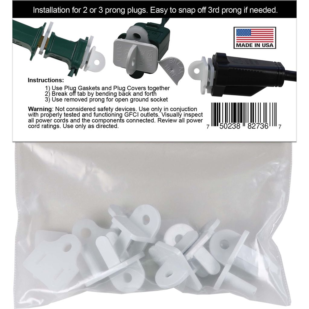 Weatherproof Electrical Plug Extension Cord Gaskets and White Covers, 5 Pack